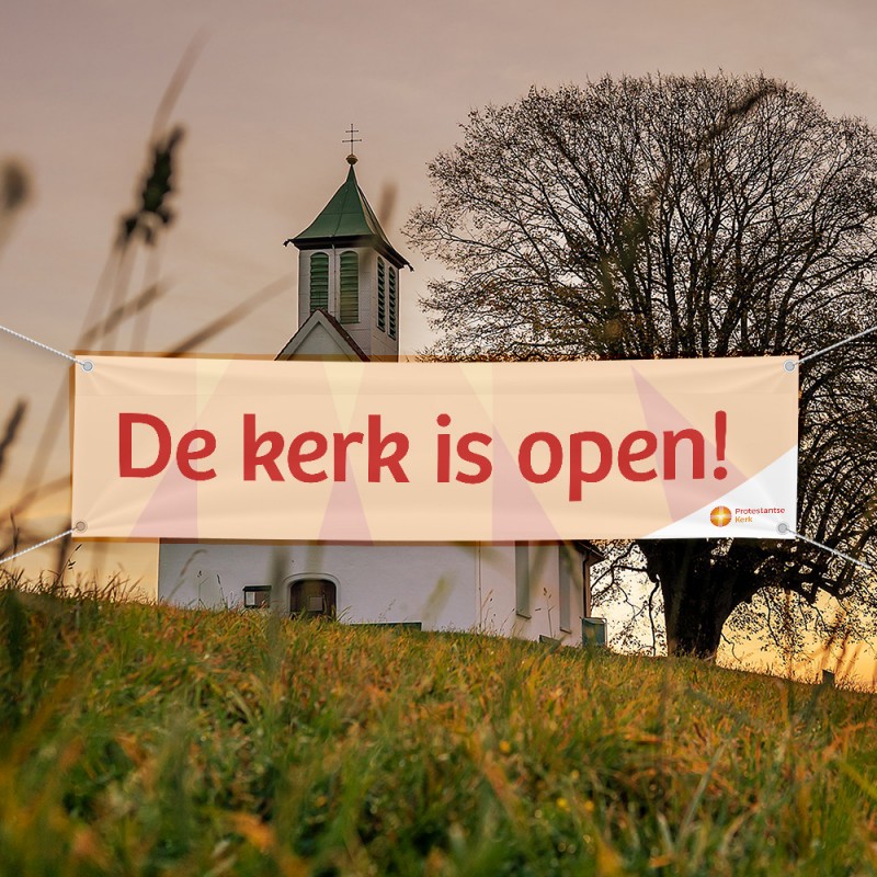 PKN spandoek 300x80 cm, De kerk is open